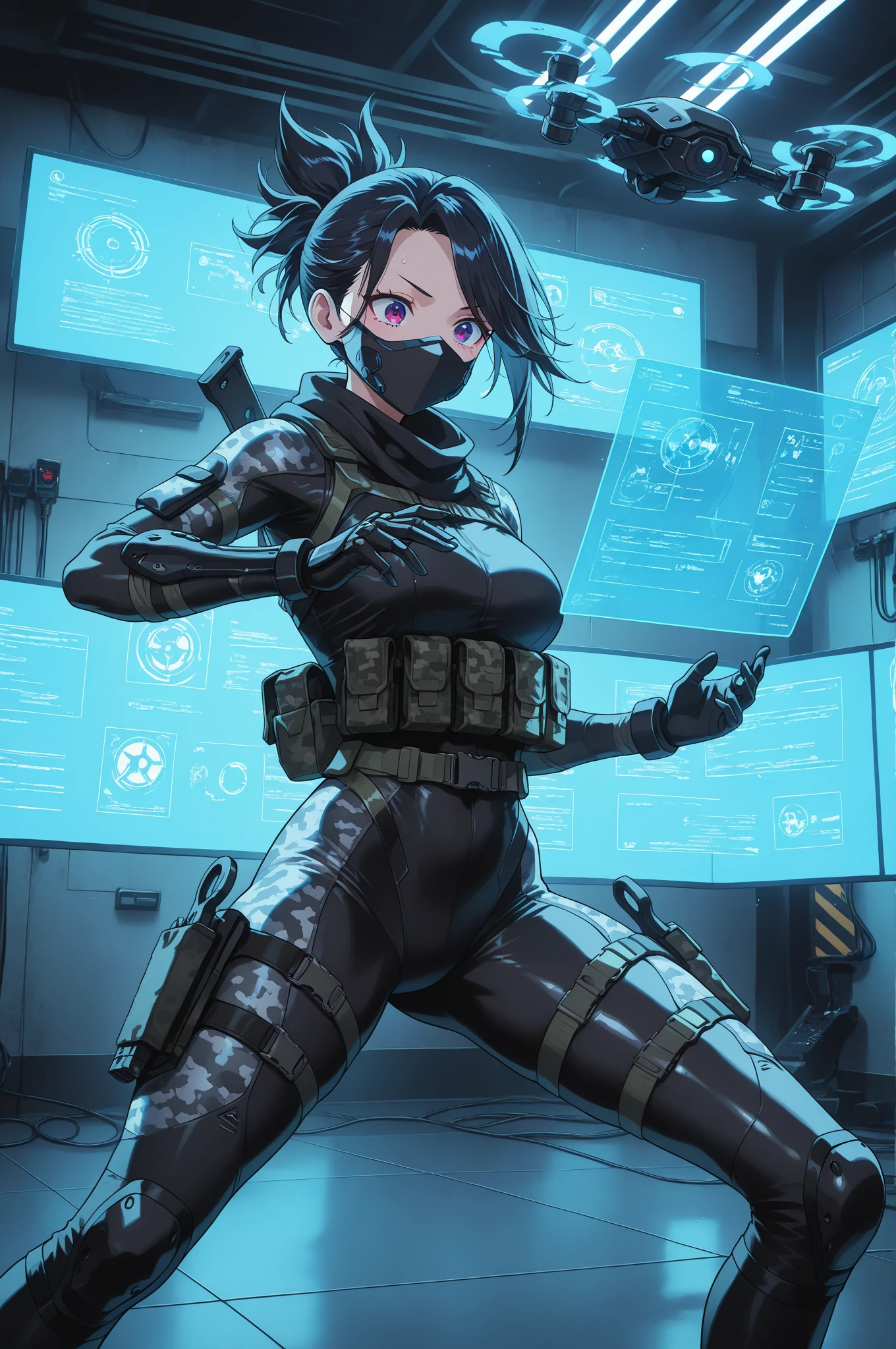 Absurd resolution, high resolution, (masterpiece: 1.4), hyper-detail, full body shot, solo, 1 kemono feline cat woman, black hair, messy ponytail, cute face, detailed soft grey eyes, extremely large bust, huge hyper super swollen breasts, wide full hips, narrower torso, smaller torso, full thicc soft thighs, rounded full soft butt, monochrome black and grey fullbody covering protective padding pilot rugged utility suit with white chest, scifi padded rugged high collar techwear jacket with white and black triangular decals and techwear iconography, techwear gloves, arm mounted strapped display scifi tablet/communication device/computer, rugged tablet display mounted on MOLLE strap on top of her bust, ruggedized computer tablet mounted above her breasts, ruggedized tech, ruggedized tech aesthetic, fitted utility pants, near future scifi, cyberpunk aesthetic, anime aesthetic