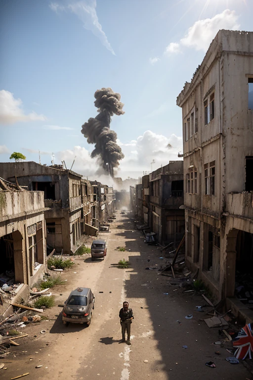 Cinematic post-apocalyptic city, high-rise concrete buildings in ruins belching smoke, dilapidated and crowded buildings, 1girl in brimmed hat and grey sweater and a grey cloak carries a bow and arrow. She is walking along one of the streets seen from above, gray sky, a cidade se estende pelo horizonte, ambiente desolado e triste, kenopsia, rusty and destroyed cars on the streets, as detailed as possible, ambiente cinzento, atmosfera cinza, gray buildings, Grey overcast sky