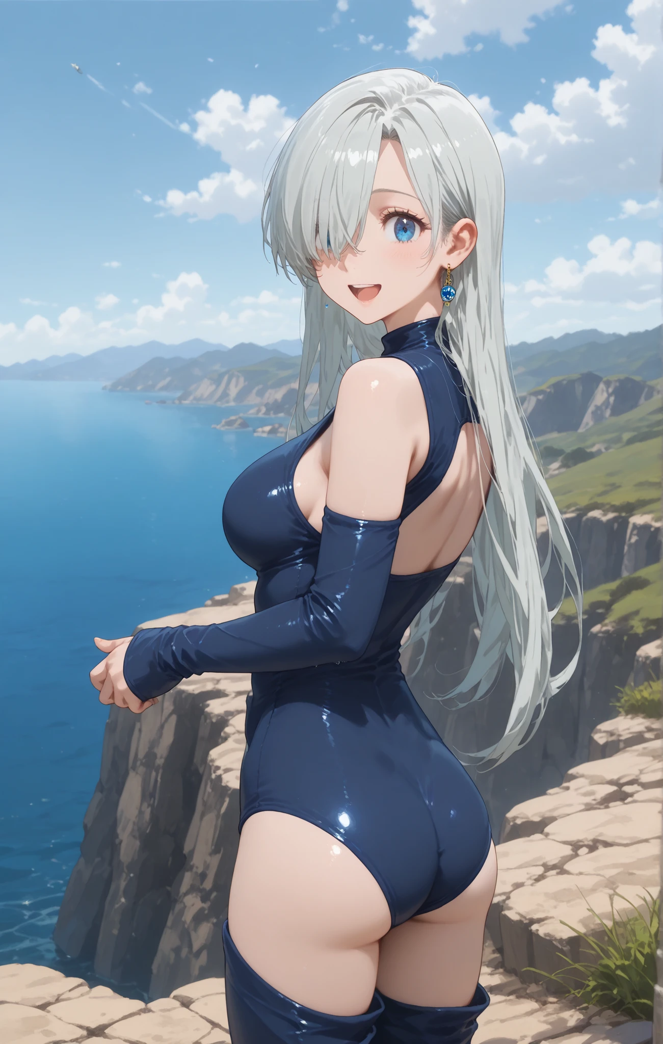 傑作,long hair:1.3, Silver Hair:1.2,masterpiece,small head:1.4,looking at the front,rubber suit:1.5,片目を隠す髪:1.2,hair over hide one eyes:1.6,one eyes, Silver Hair,long hair,blue eyes,medium chest,volumetric lighting,kneeling,(side boob:1.4),one ear earrings,Blue sphere Jewel earring:1.3,mature beauty,((Stunning:1)),open mouth,small head:1.5,Elizabeth Lioness:1.4,Light reflected in the eyes:1.3,happy:1.2,smile,detail hands:1.3,holding 杖:1.8