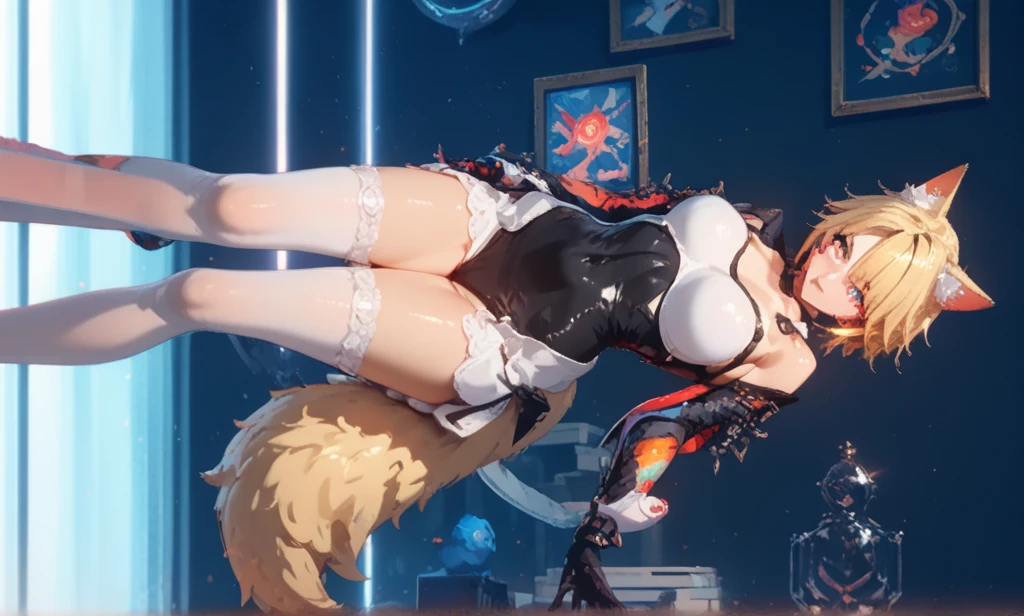 Masterpiece: 1.6, best quality: 1.4, live image: 1.2, intricate details: 1.2, charturnerv2: 1.2, 1lady full body character change, Appearance: young: 1.25, thin: 1.3, blue eyes, thick eyelashes,medium breasts, detailed eyes, quality eyes, Clothing: adapted costume, leotard:1.3 Accessories: red bow, red ribbon, Hair: blonde hair, short hair, semi curly hair, natural, shiny skin, (single background, white background:1.8), transparent Background, multiple views, multiple views of the same character in the same outfit: 1.3., character sheet: 1.2, multiple facial expressions: 1.3, seductive smile, sexy, shaded face, white legwear, white thighhighs, blush, nose blush:1.2