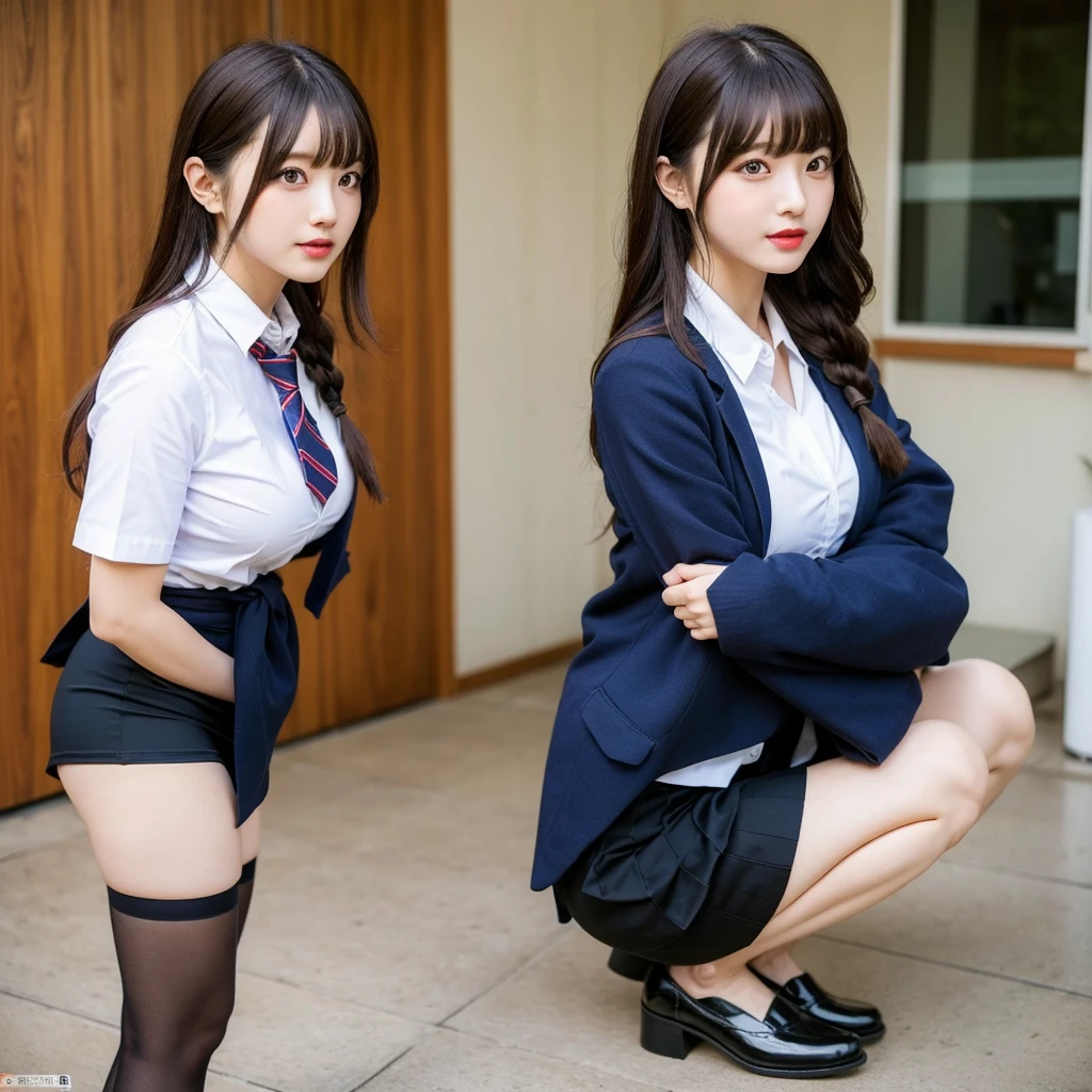 (8k, RAW photo, best quality, masterpiece: 1.2, realistic, photorealistic, high contrast, photon mapping, photonography, photorealistic, ultra-detailed, professional lighting, low angle: 1.2), (1 girl), (solo: 1.5), (full-body), (height is 165 cm), (18-year-old schoolgirl), (Shinjuku at night of Japan), (sidewalk), (Japan high school uniform), (dark blue blazer: 1.2) , (Short plaid skirt: 1.2), (White shirt for students), (squatting looking at the front), (Crotch open: 1.2), (Light brown medium hair), (See-through wet white panties: 2.0), (Camel toe), (Black loafers: 1.2), (Beauty face: 1.2), (Perfect proportions: 1.2), (Long legs: 1.2), (Small breasts: 1.3), (panties visible from under the skirt: 1.5), (detailed female pubic shape is clearly visible: 1.4), (pubic hair is present: 1.4), (without panties: 1.2), (textured skin),