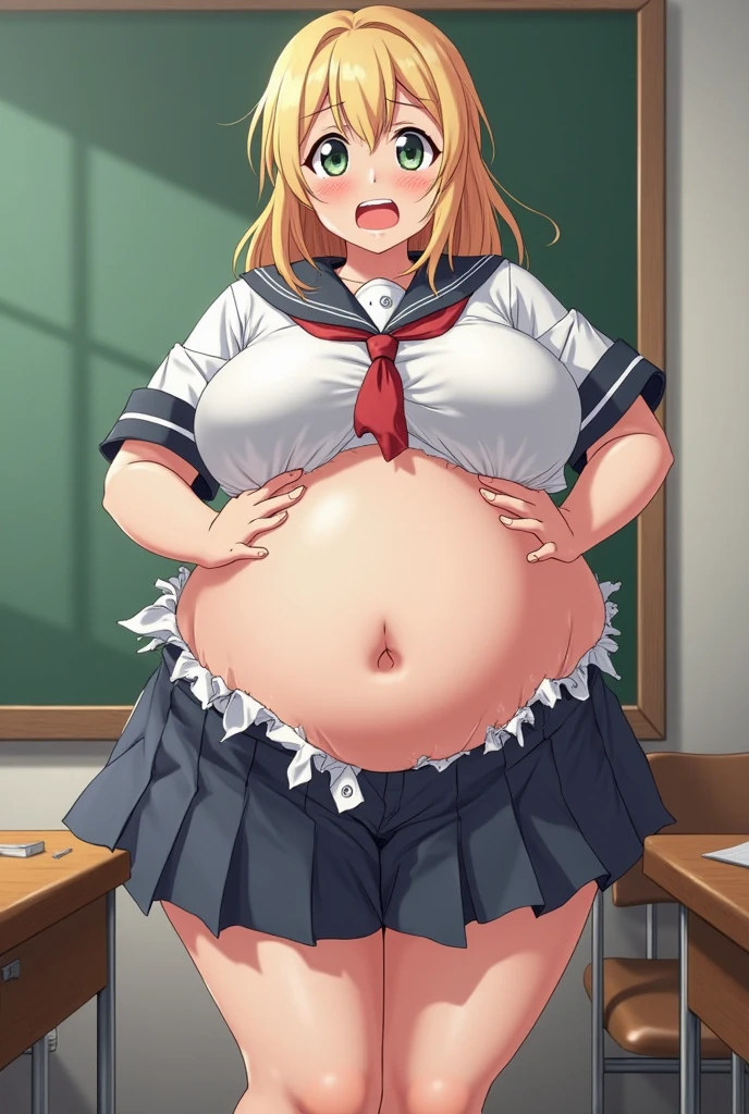 score_9, score_8_up, score_7_up, source_anime, KitagawaMarin, 1girl, ((very drunk)), ((staggers)), ((full belly)), upper teeth only, multicolored hair, long hair, magenta eyes, ear piercing, earrings, pink nails, makeup, MarinSchool, bead bracelet, black choker, neck bell, ring, collared shirt, ((white shirt unbuttoned)), short sleeves, blue necktie, plaid skirt, ((blue skirt pulled down)), tied shirt, standing, looking at viewer, ((has a stomach ache)), ((shows her tits naked)), ((shows her butt)), indoors, classroom, blurry background