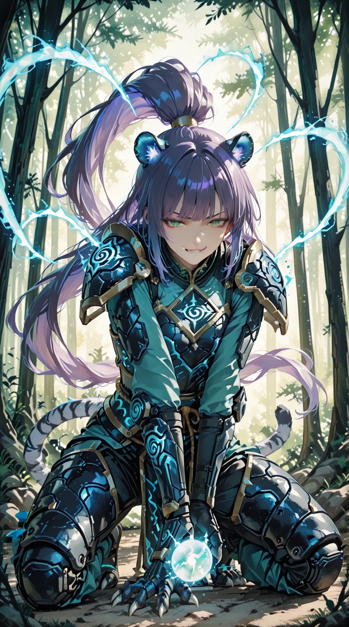 Spiral blue energy, anime, hall human-Tiger, pose dynamic in action launching a energy ball to front.,Tiger armor, intense Green eyes, very long wavy ponytail purple hair , bangs, smirk, fangs and claws, outdoor magic forest background.