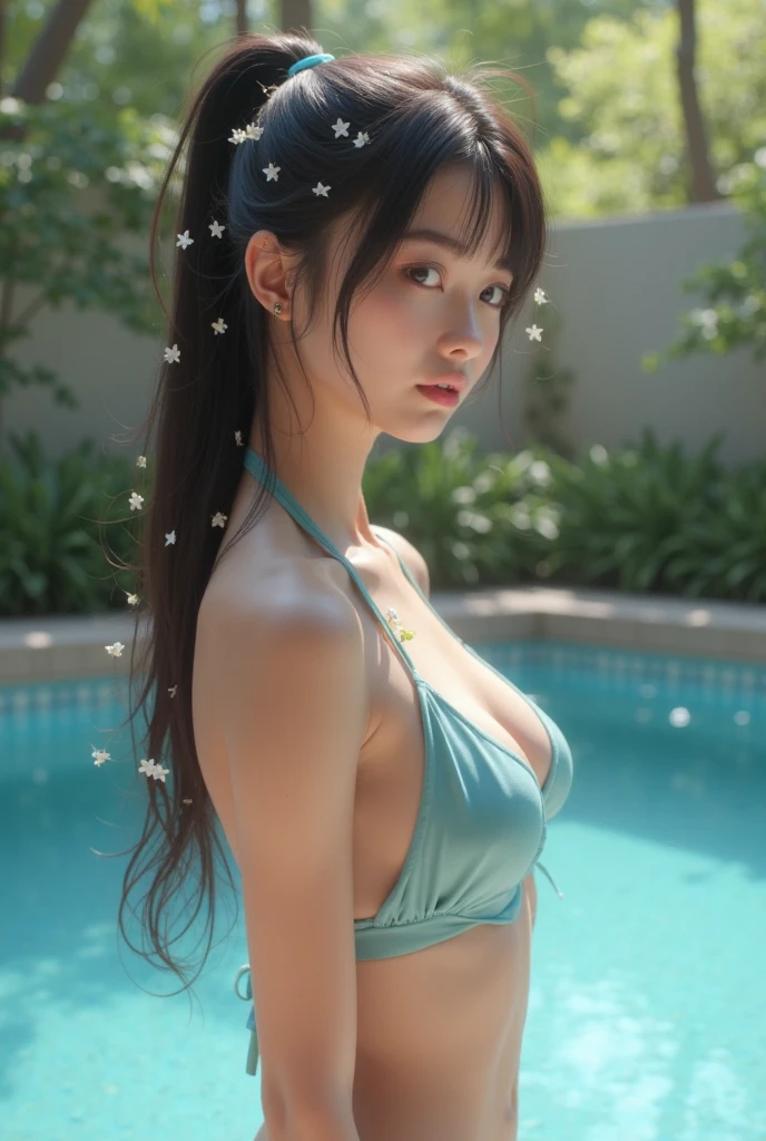 highest quality,Super detailed,masterpiece,hentel realism,photo rare,bright lighting,1 girl, very beautiful 17 year old girl, (cute:1.2),thin smile, (brown eyes),(golden brown hair),perfect shiny shiny skin,perfect skin,((erotic,sexy and sexually explicit)),((accurate pointer，No discomfort))erase the pants、Dark pubic hair grows((highest quality、8K、masterpiece:1.3))、nsfwpose、table top、　bangs　Braid　 Poolside　wet skin