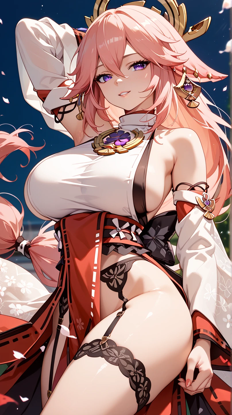 masterpiece, best quality, very aesthetic, absurdres, 1girl, mature_lady, ,Yae Miko,Yae Miko(genshin impact), long pink hair, fox ears , purple eyes, a large gold ornament,,navel, blue_denim_pants, green_bikini, striped_bikini, swimsuit, bracelet, jewelry,under sea,floating_hair,pussy_juice
