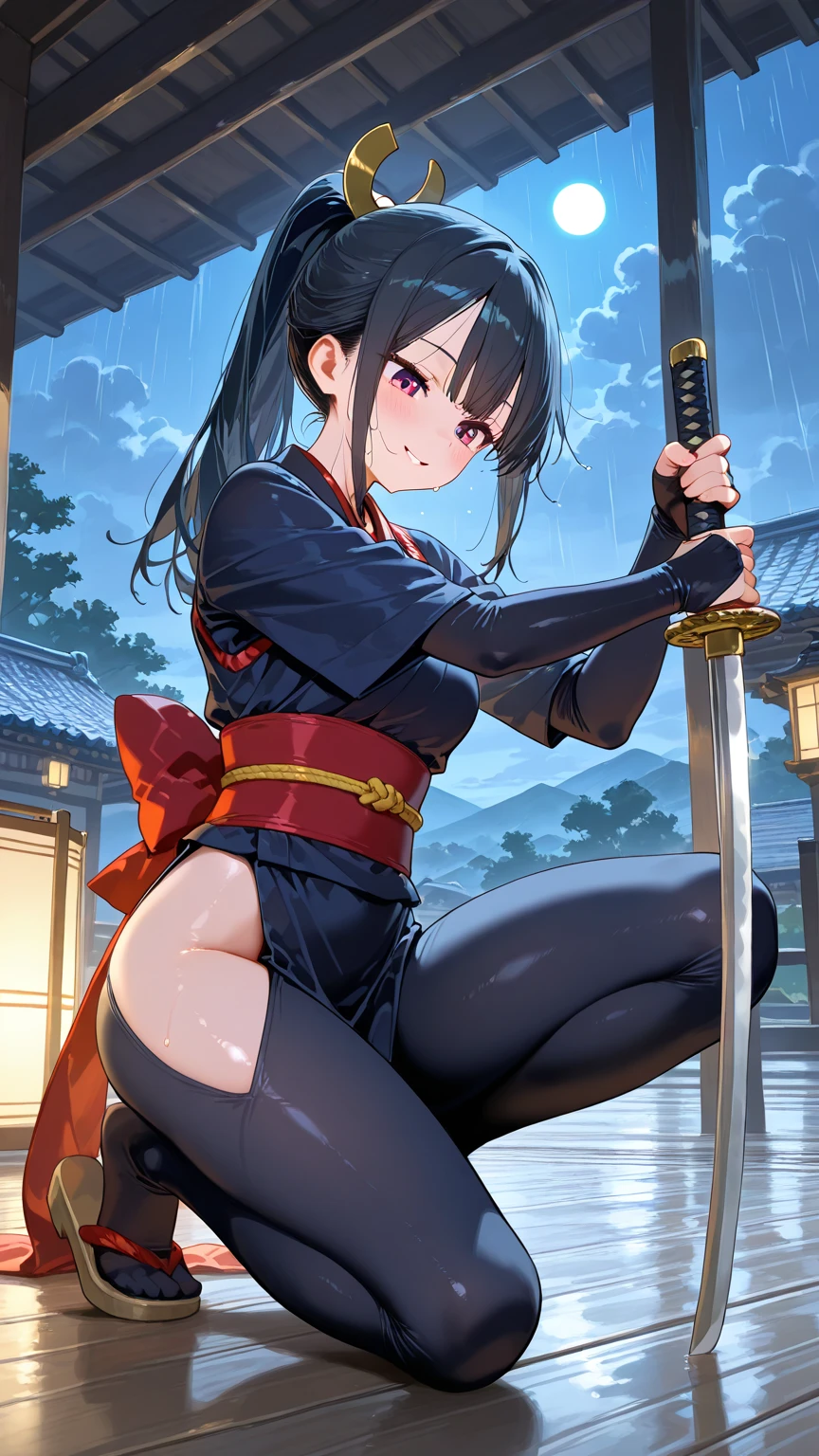 NSFW,Highest quality, Intricate details, chromatic aberration,One Girl, Black kimono with gold rimming, Hair tied in a ponytail,Black Hair,Yellow Eyes,Sword on waist,god々Shining Eyes, The light hits her face,Full Art,Facing forward,Have a conversation,whole body,Urban area,Character portrait,The wind blows up my skirt,A little surprising,Loincloth-style panties,
