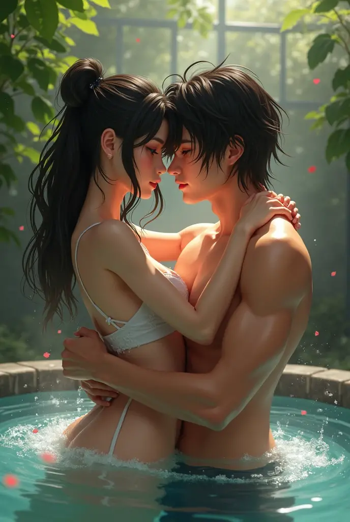 A young  couple lays in a beautiful forest. They are dripping and wet. The girl has a perfect body, small breasts, large thighs, and large butt. The boy has a large erection and a perfect abs and is proud of it. They are both dripping wet and .