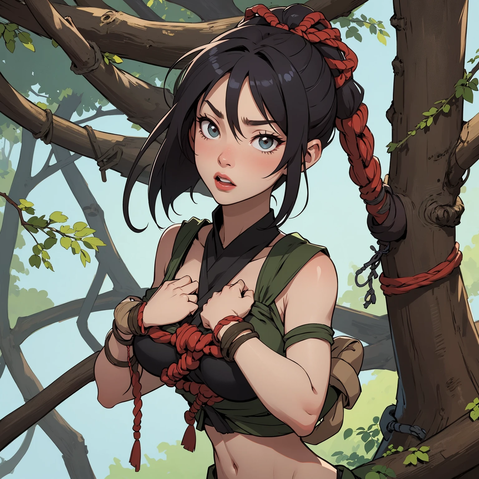 Best image quality, threaten, Has a spear, original, Primary forest,, ""Primitive clothing"", woman, Black Hair, Tying up hair, paint