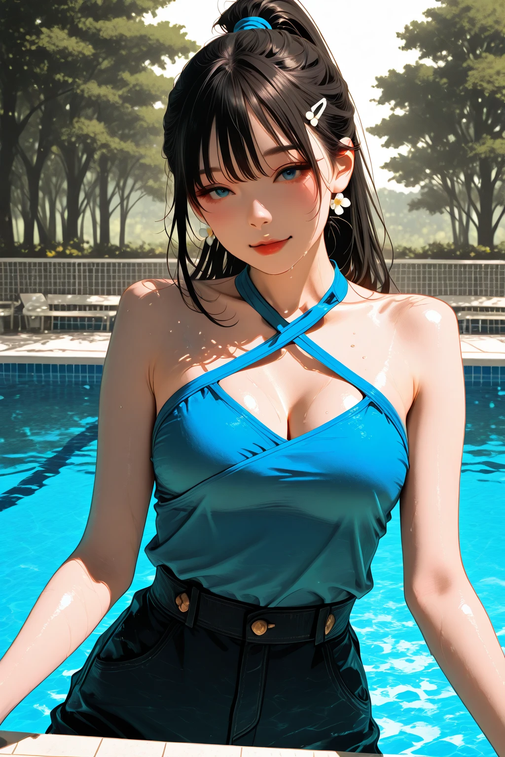 (Obra maestra: 1.2, La mejor calidad: 1.2, Beautiful, alta calidad, High resolution: 1.1,), Detailed aesthetics, extremadamente detallado, soft ambient lighting, 4k, ojos perfectos, Cara perfecta, perfect ilumination, charachter, Alternate breast size , Cabello largo y negro, resplandeciente, ojos brillantes, pelo entre los ojos, labios, Cabello largo, Mirando al espectador, labios separados, regordete, Ojos azul diamante, Ocean blue eyes, solamente, senos medianos, Figura humana perfecta, (Tema azul