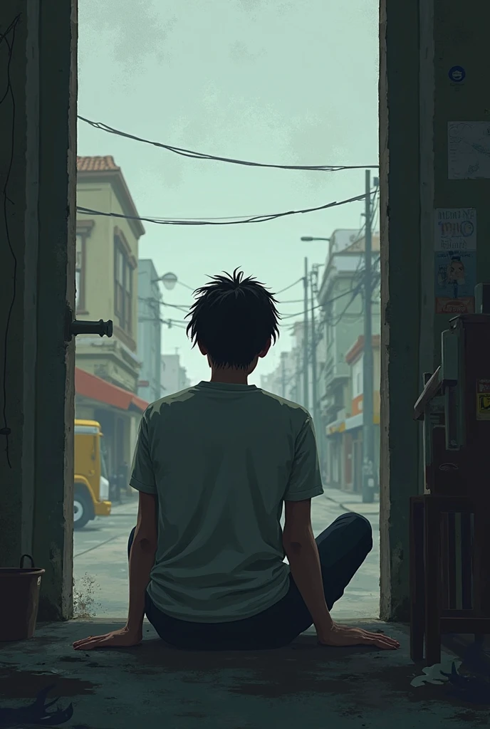 ((Anime)), ((4K high quality)), ((detailed)), ((masterpiece)), a man with black hair, blue eyes, white shirt, baggy jeans, white sneakers, dripping with water, staring into the distance, standing leaning against a wall outside of a convenience store, background, hazy and nostalgic blue lighting. Summer afternoon. 
