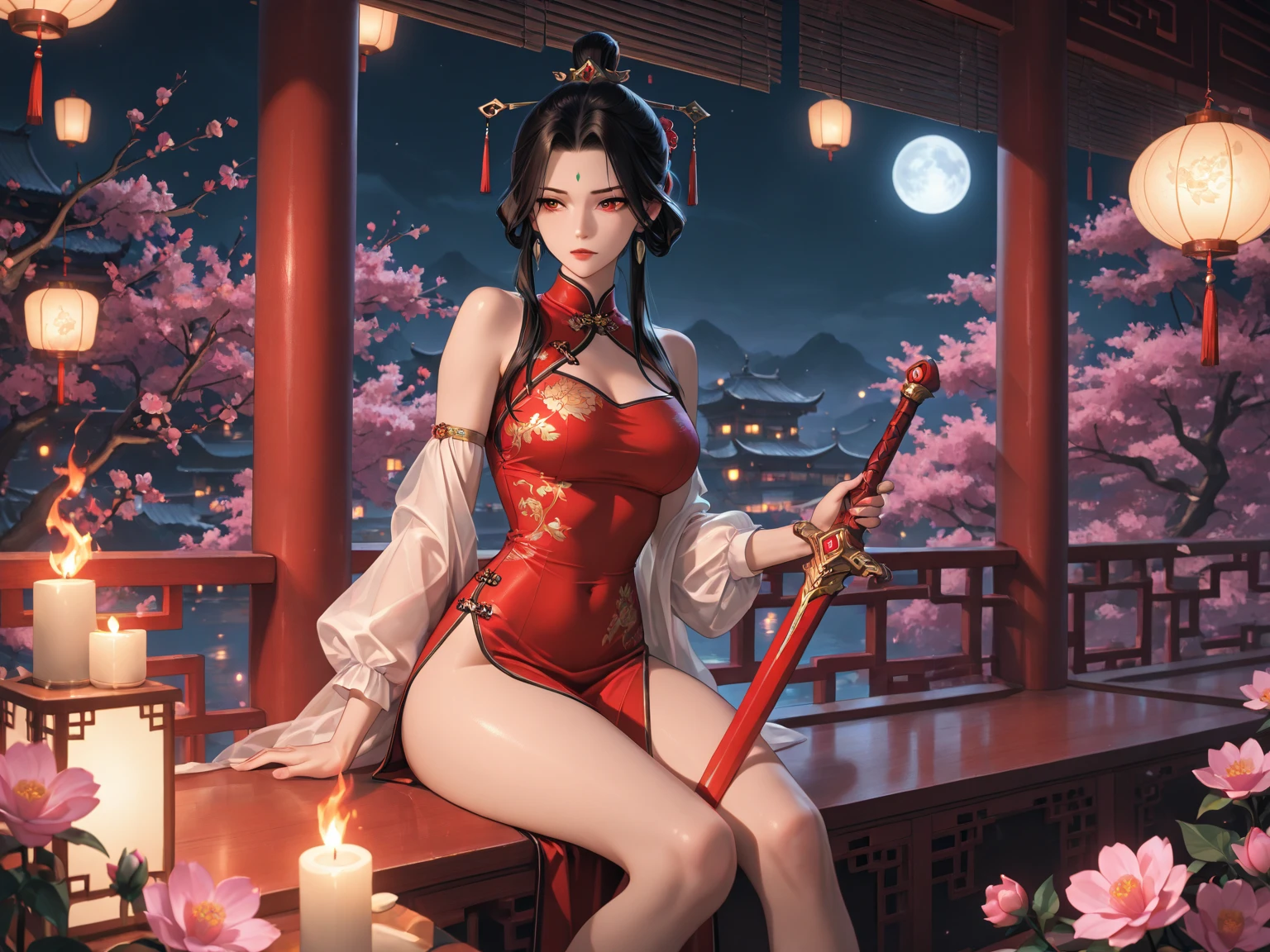princess azula, evening, sunset, looking at viewer, cleavage, red satin robes, clothed bathing, girl floating above the water, palace, temple, fire, lava, red glowing, smug face (NSFW 1.3)