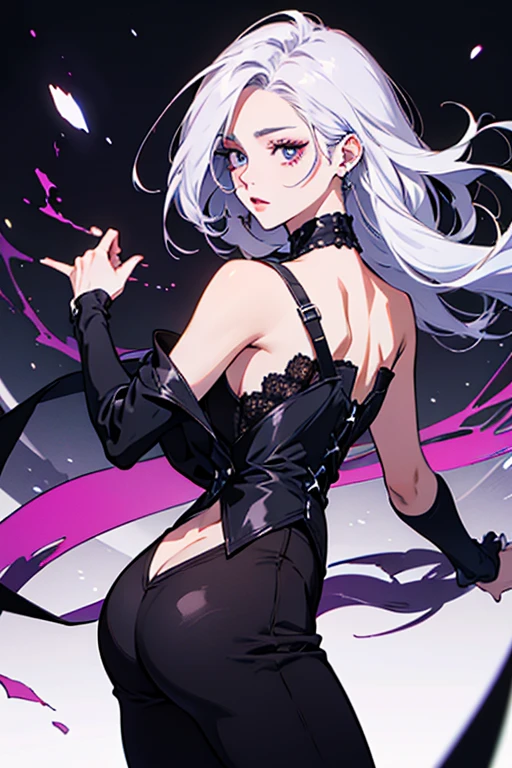 shoulder-length short hair，white color hair，Has fox ears，Wearing a short black slip dress，Wear lace-up heels