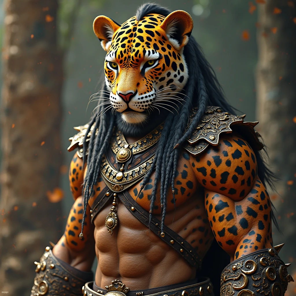 Tezcatlipoca god, Aztec warrior clothing, face of a pre-Hispanic warrior with a black stripe in the eyes, skin painted yellow with black spots like a jaguar, on the chest a black mirror from which black smoke emanates