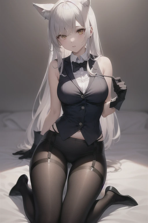 anime, 1 girl, cat girl, cat ears, perfect face, Radiant skin, Beautiful long flowing hair very huge breasts, Open breasts,Bare shoulders exposed, arms exposed, hands hiden behind her head, Slim toned body, seductive posture, legs up, showing butt, showing feet, sexy pose, Slim white shirt with tie, Tight black skirt, High skirt, nylong stockings, long legs, bedroom environment, 8 k artistic photography, Conceptual art of photorealism, soft natural volumetric cinematic perfect light, epic, Trending on Artstationh, vibrant, Production of a cinematic character, very high quality model, Chiaroscuro