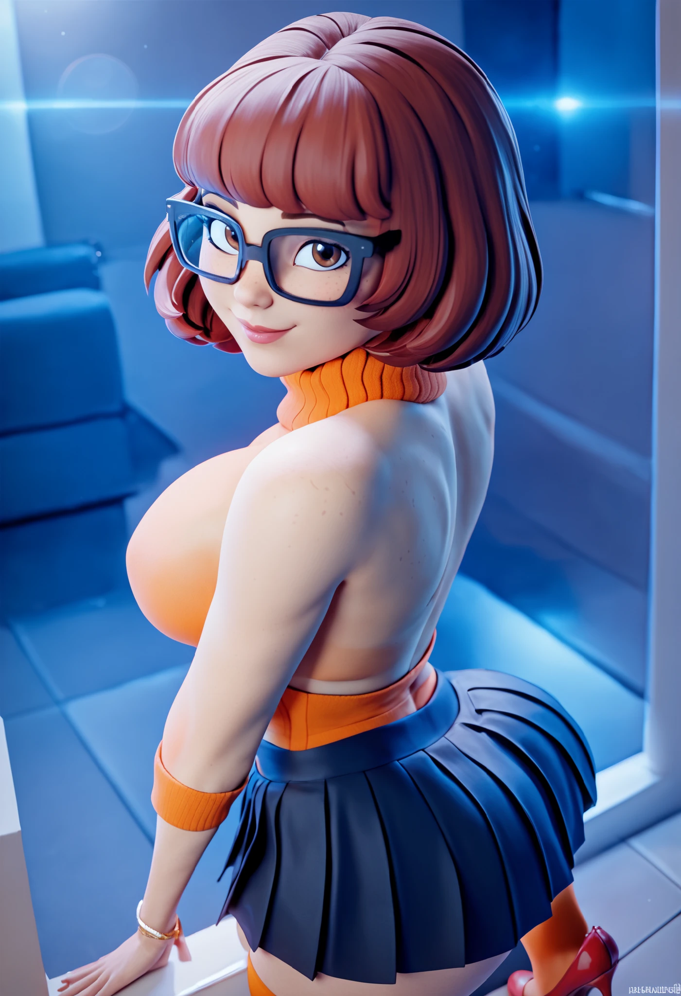 ((amazing quality,very aesthetic,absurdres,best quality,newest, masterpiece, ultra detailed, best quality, beautiful face, perfect anatomy, anatomically correct, athletic sexy body, Expressiveh, )), ((cute face, cute body))), ((happy girl, proud to show her body)), Expressiveh, score_9 , score_8_up , score_8 , (top quality , 8k wallpaper) , (masterpiece , best quality:1 . 2) ((source_anime, anime)), (((((sexy velma, solo, girl, sweater, breasts, glasses, ((glasses, freckles)), large breasts, orange sweater, short hair, turtleneck, brown eyes, freckles, black-framed eyewear, brown hair, bangs, blunt bangs, miniskirt, red skirt, turtleneck sweater, ((bob cut)), night, pleated skirt,), ((white brazilian thong, slutty orange stockings, red stripper heels, pleated skirt bend over, upskirt, pantie, ( skirt lift:0.3)))), (((looking at viewer, happy smile, joy, cowboy shot)))), curvy, toned, athletic, seductive, sexy pose, indoors,hourglass figure, ((pinup pose, seductive pose,dynamic pose), (((narrow waist, curvy, score_9, score_8_up, score_7_up, score_6_up, back view, looking at the viewer,
