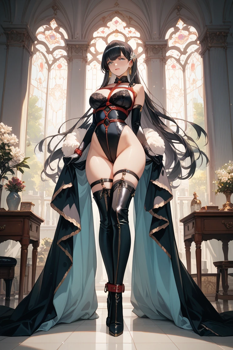 (((((middle age woman))))), masterpiece, ultra detailed, 8k portrait, RAW photo, portrait photography, highly detailed face, ((Fantasy)), 1 woman, (((short woman))), (((sorcerer))), (((((nervous expression))))), (((spread legs and standing))), flaming hand, (((Error-filled face))), 33 years old, (((slutty woman))), (((((pussy odor))))), (((bad smell))), (((blacked small eyes))), (((long straight black hair))), ((medium bobbed hair)), (((hide face with long sideburns))), large earrings, (((white skin color))), (((((Dull blue ultra fit puffy sleeve one-piece dress and micro flare skirt))))), double big button, (((black silk cloak))), (((little waist hip pouch))), (((leather boots))))), (((equip a long wood rod))), Midday Sun, hyper realistic, ((((flat chest)))), (((thick thighs))), Long legs, in the medieval adventurer's guild, Ambient lighting, Shadow details , Camera focus on thigh, strong breeze, Light fog