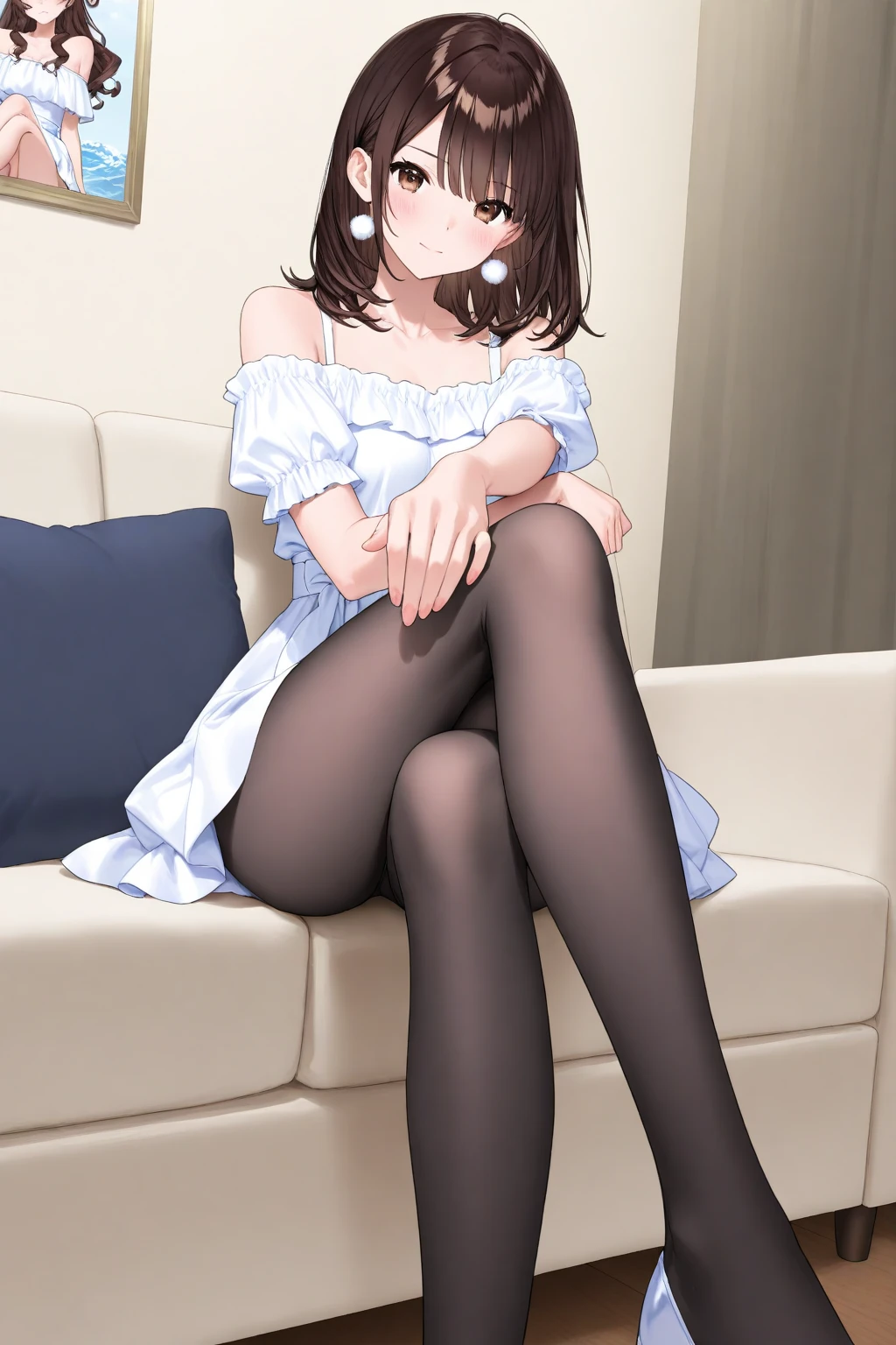 A Female robot is sleeping in bedroom, spread legs, nude, banzai pose. she wears no dress. She Brown short hair is tied with two big red clothespins, She lifts up the under hem of her white plain dress, leaning over, masterpiece, very short pigtails,brown hair, mature, android, blue eyes, full body figure, Height: 160cm, flushed cheeks, 2020s anime picture, A beautiful robot with short brown hair in two short pigtails held up by two very large huge red clothespins, Uplifting, No NSFW, whole body, barefoot, archaic smile, getting orgasm, 25 years old, sweat bucket. 