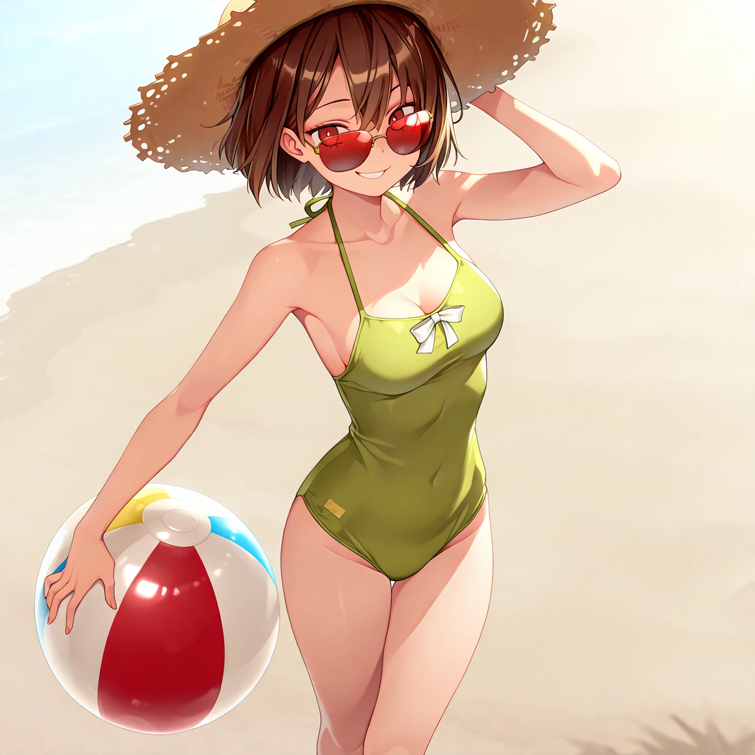 A painting of a woman in a bikini and hat standing on the beach