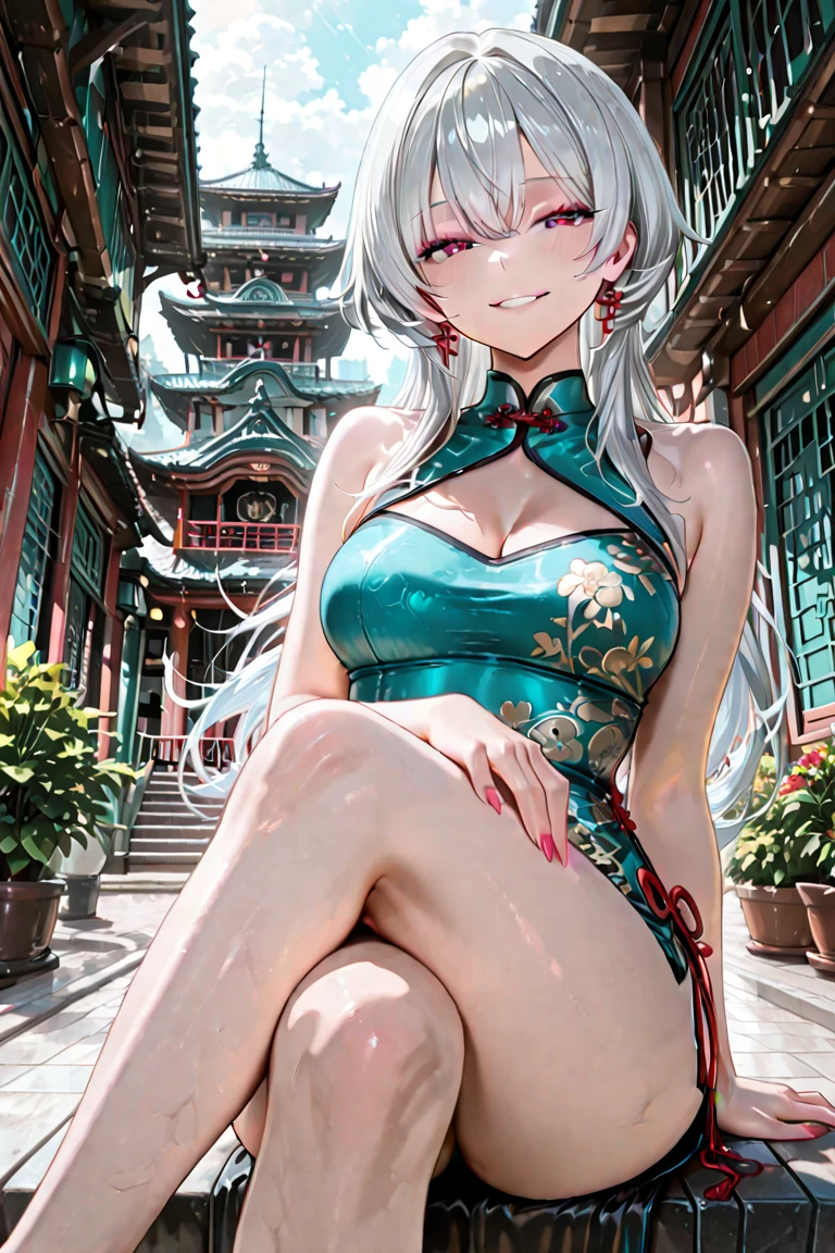 Skysky,daysies,suns,Strong edge light,On a meadow,nipple play_CG,girl,Alone,alternate hair lengths,ahoge,light blush,Long eyelashes,Water-colored eyes,looking at viewert,nedium breasts,Large breasts,Moles on the breast,Bare legged,tmasterpiece,Best quality at best,tmasterpiece,Best quality at best,offcial art,extremely detaild的 CG unified 8k wallpapers,wedding gown:Chinese dress:0.3,expose feet