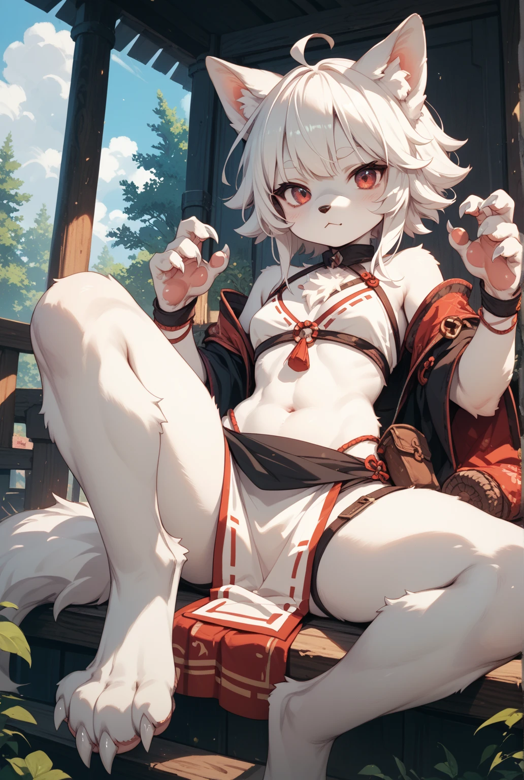 by Zackary911, kenket, kilinah, Zackary911, (((Kobold, male, antrum, extremely detailed, extremely detailed legs, extremely detailed arms, extremely detailed face, perfectly detailed eyes, perfectly detailed ???????))): 1.2, solo, perspective, curved thighs, huge thighs, curvature, embarrassed smile, (tail), totally blushed, nervous, looking at the viewer, squatting, spread legs, wearing a long wizard robe, muscular toned, messy white hair, thigh highs, black thong, shirtless, blush, perspective, finely detailed paws, punk style, adventure backpack,