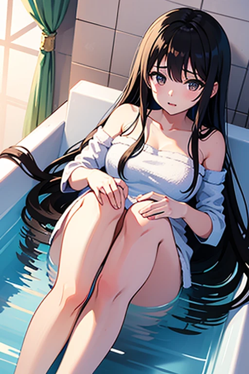 1girl, anime, black eyes, long black hair with square bangs, very long black hair, super long black hair, skirt and stockings, adult, hourglass figure, nerdy, bed, books, PC desktop, laptop, (happy), (((bath towel)))