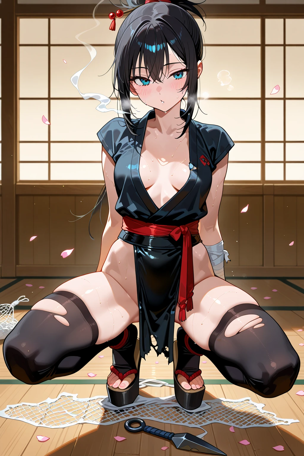( anime screencap:1.1),indoors,
1girl, solo, black hair, sideboob,standing, short hair with long locks, hip vent, short hair, small breasts, brown eyes, detached sleeves, hakama, black hakama, no bra, gloves, hakama skirt,low twin braids,sash,cowboy shot,