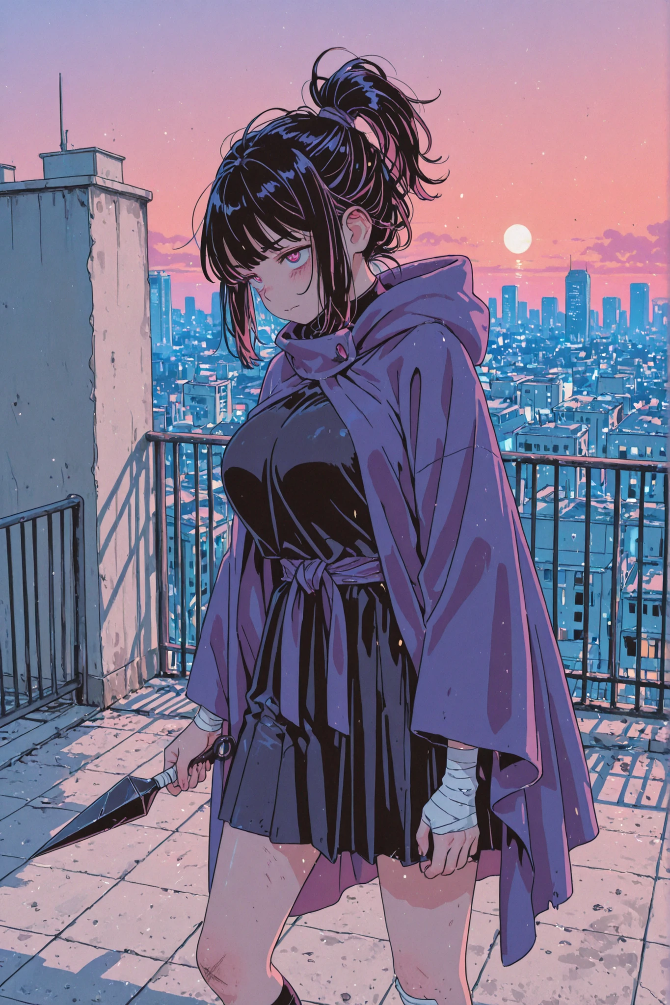 night time, Colorful cyberpunk city background, Sateen, Street, Teenage girl in a comfortable sweater, loli, black stockings, back light, looking at the audience, Low-angle lens, Upward-pointing lens, Perfect composition, Perfect light and shadow are gentle, 8K