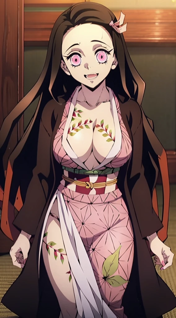 the night, Night Forest, night  sky, a big moon, Swimming in the lake, against the background of the moon, Erotica, full-length photo, Panoramic view, half naked(Body Full 1.1), Sexy, Smiling, Nezuko Kamado's masterpiece, ssmile, joying, Long black hair with orange tips, Ribbon Hair, (pink eyes: 1.5) Bright, Wavy Hair, two tone hair, professional photo of a, haori, Japanese outfit, Sexy kimono, long sleeves, pink kimono, band, long sleeves, Perfect Curved Body, Tattooed body with leaves, permeating Her body, Lovely Medium Breasts, Her breasts are sticking out from under her clothes, BREAK (Master Part: 1.2), Best Quality, High Resolution, photorealestic, photogenic, Unity 8k壁纸, (illustartion: 0.8), (Beautiful detailed pink eyes: 1.6), extremely detailed face, perfect  lighting, extremely detailed CGI , (perfect arms, perfect anatomy), 18 year old girl with perfect breasts, beatiful face, master study, intricate details, Detalhes realistas, the anime, (По мотивам Demon Slayer Kimetsu no Yaiba Nezuko Kamado) the perfect body, Perfect Pointed Breasts, The Perfect Girl, perfect details, Ultra HD |, 8K, Professional photo, Kimetsu no Yaiba Sexy Nezuko Kamado shows off her sexy body with a leaf tattoo, Joyful expression on his face,