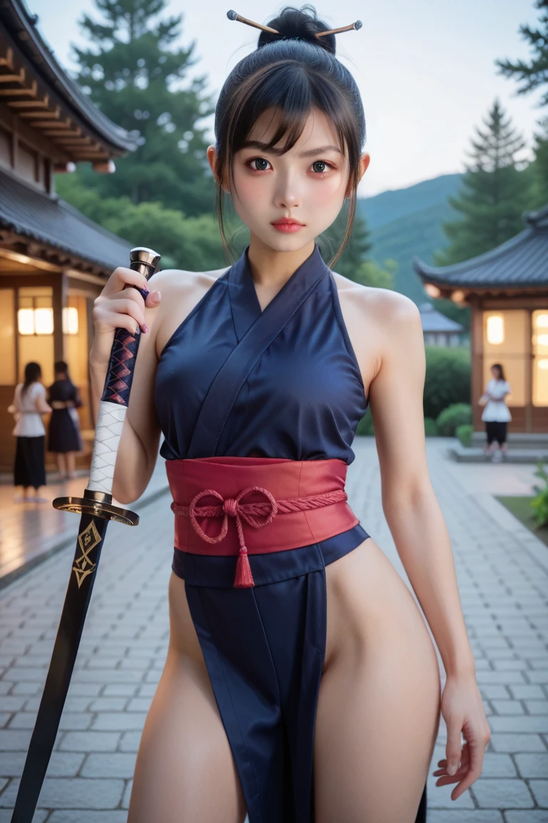 Uma girl vestida em um yukata,katana , katana ultra detalhado, pernas,) imagem de corpo inteiro)) -