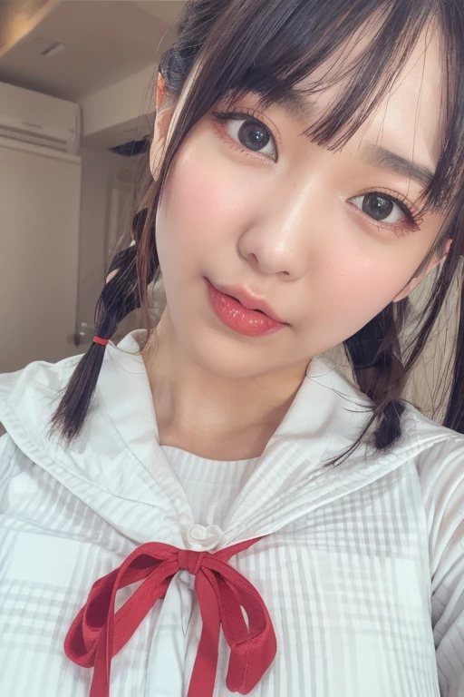 ,Short sleeved white shirt,Grey checked tie,Grey checked mini skirt,Navy blue socks,open mouth,tongue out,cum on tongue,standing,slouch,Selfie,looking ahead,from above,flont view,upper body,(1girl,Beautiful 14 year old girl),((Slender,Small breasts,Small face,)),looking at viewer,Black Hair,bangs,one side up,Beautiful and detailed,Mischievous smile,Dimly lit room,Simple Background,Black background,Low lighting
