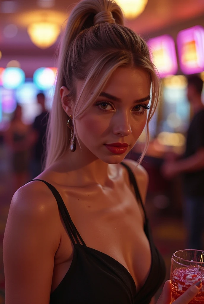 beautiful blonde haired girl with Nordic features, upturned nose, blue eyes, full lips with red lipstick, big breasts, black transparent evening dress with long neckline and long slit showing the pink leopard thong, nightclub, husband loses his wife while playing poker with a friend who fucks her doggy style on the gaming table, posing on all fours with her eyes looking up and her mouth open, seen from above