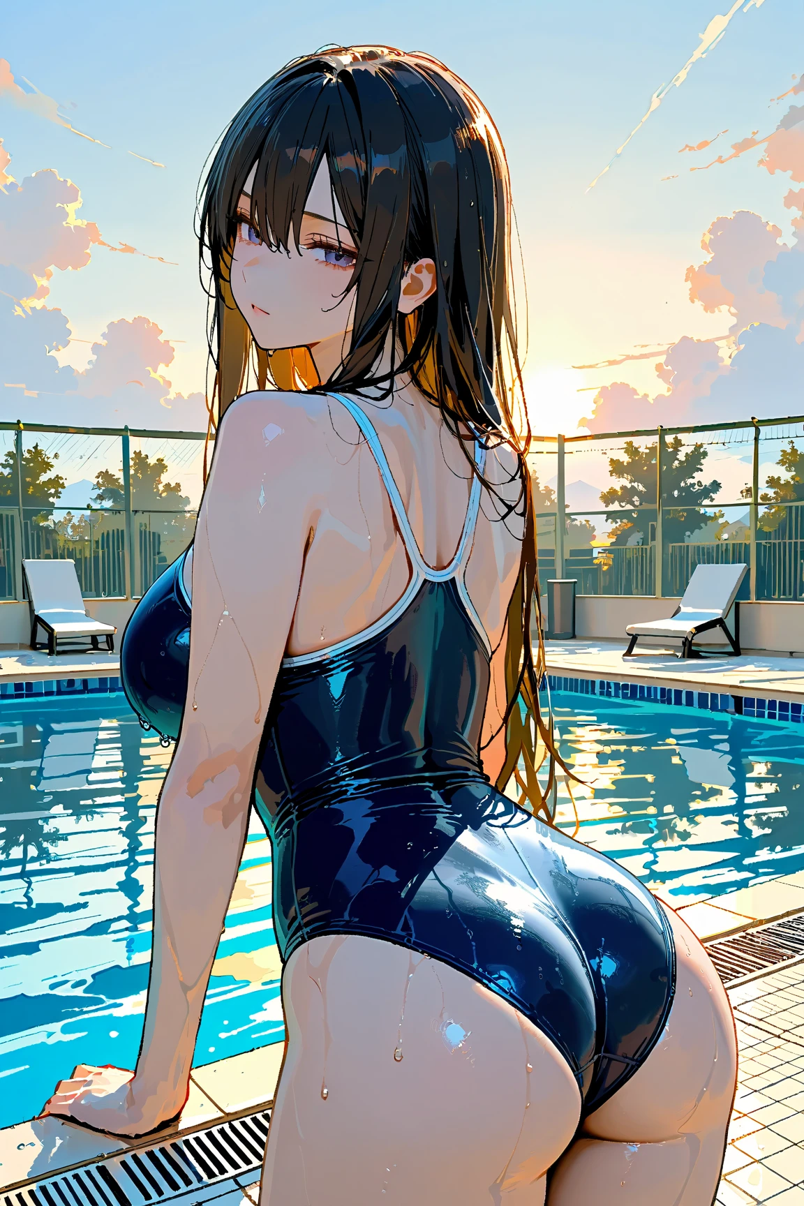 woman with big breasts and big buttocks, she is in a very fine swimsuit on all fours on the edge of a jacuzzi, she is in a luxury hotel with a superb view