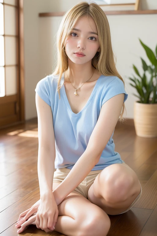 Platinum Blonde Straight Hair、Camisole、See-through panties、h、bright expression、Young shiny shiny white shiny skin、Best Looks、shiny light hair、a small face、Cute 18 year old Eastern European girl