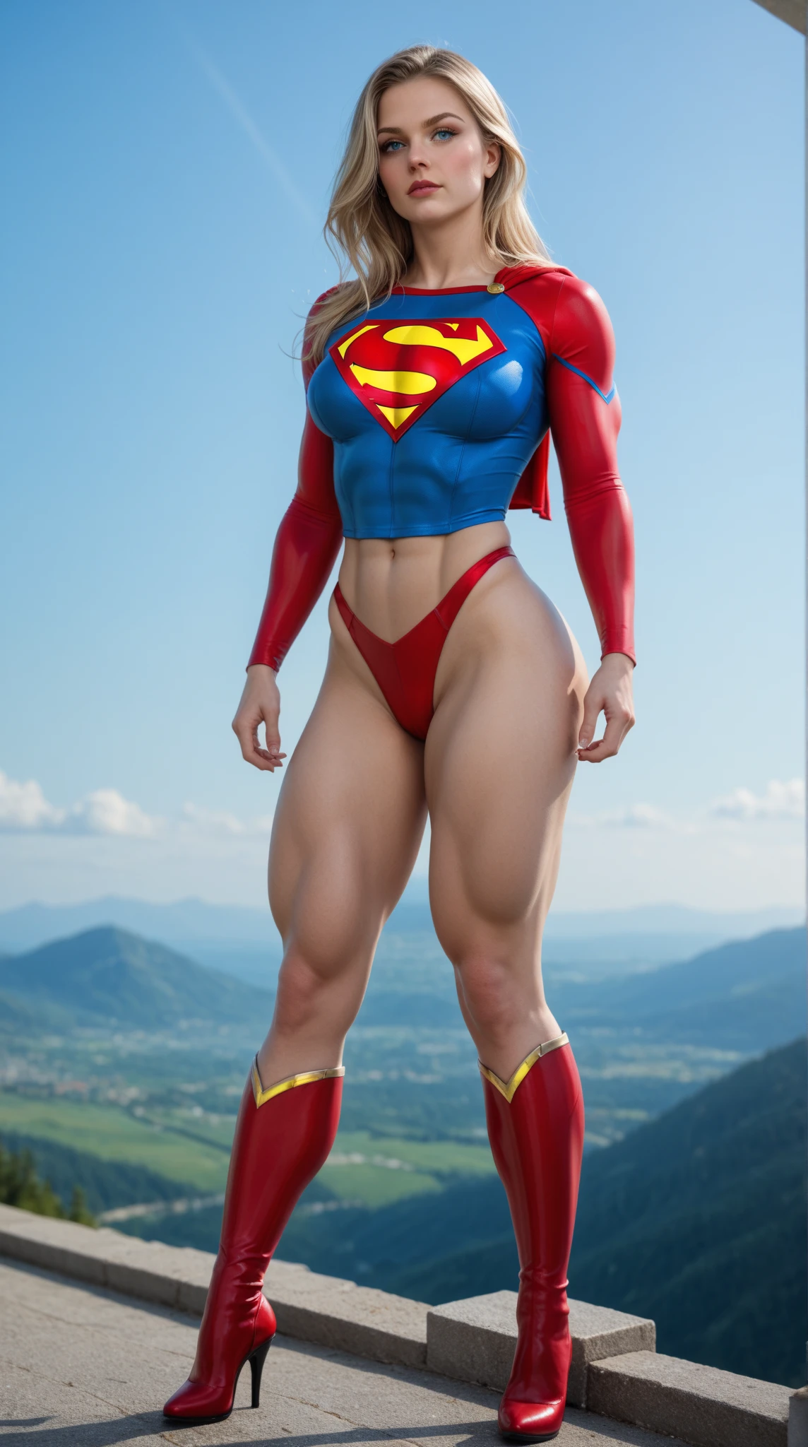 (Muscular:2), (thick thighs:2),
(blonde female:1.3), supergirl, (big smile:1.4), (android 18 haircut),
earrings, lipstick, eyeshadow,
(hard nipples:1.2),
(small red cape:1.3), (pleated skirt:1.4), (tanktop, midriff:1.2), choker,
(looking at viewer:1.6), (three quarter view), (upper body view:1.9), lowlegp,
(floating in midair, sky and clouds background:1.3), rim lighting, two tone lighting, dim lighting, bokeh, detailed skin, detailed eyes