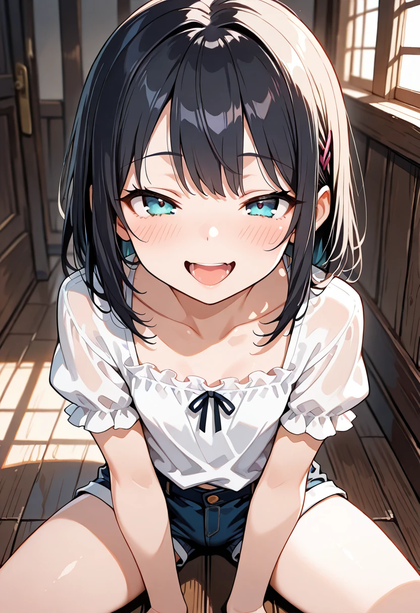 Sitting on a black sofa,looking ahead,from above,handjob,side view,face focus,open mouth,tongue out,cum on tongue,Licking a white dildo,(1girl,Beautiful 14 year old girl),((Slender,Small breasts,Baby Face,Small face,)),looking at viewer,Black Hair,bangs,two side up,Gray Eyes,Drooping eyes,slit pupils,narrow eyes,White sweater,bare shoulder,Denim mini skirt,Beautiful and detailed anime art,Mischievous smile,Dimly lit room,Simple Background,Gray background,Low lighting
