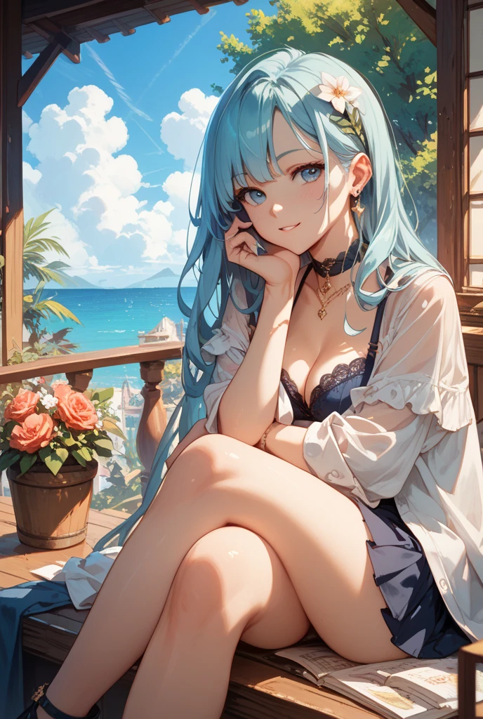 (Masterpiece, Elaborate Beautiful Eyes: 1.2), (Light Blue Hair: 1.2), (Zephyr's Eye Color: 1.1), Long Hair, Straight Hair, (Black Tank Top: 1.2), Realistic Lighting, Beautiful Lighting, Ray Tracing, Photorealistic, (Hyperrealistic: 1.2), High Resolution, 4K, 8K, (Highly Detailed CG, 8K Wallpaper: 1.1), Very elaborate and sharp digital illustrations, detail, realism, beautiful faces, very elaborate faces, ultra-realistic, masterpieces, detailed eyes, super detail, volume lighting, realistic shadows, intricate details, details, cheerful, smile, (white hat: 1.2)), silver necklace, high heels, (On the Beach: 1.2),