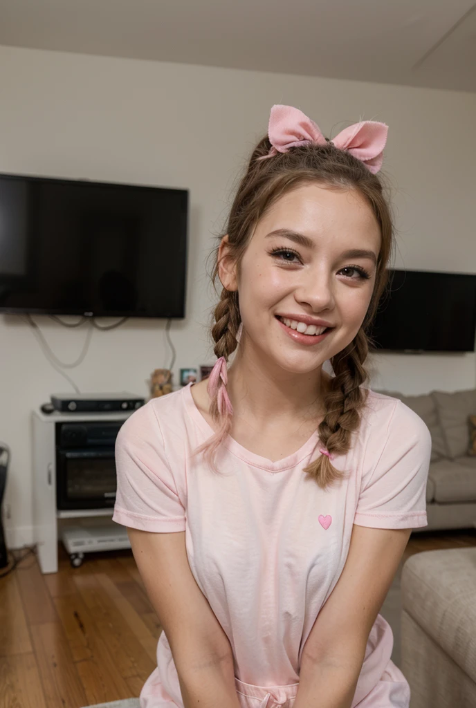 10 year old face girl with medium length blonde hair, children's pigtails hair, hair ribbon, Caucasian female facial structure, sad expression, golden necklace, tongue out, she wearing a tight children's clothes, visible nipples, marked nipples, she in a pink children's room,