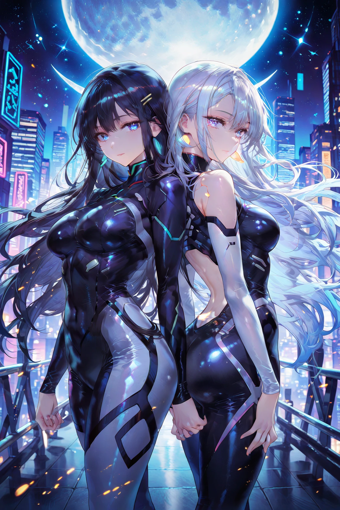 best quality,masterpiece, 2 girls side by side, yinji, purple hair, purple eyes, long hair, white hair, double braids, gradient hair, Refined and elegant, 3D Rendering, Transparent PVC clothing,Transparent colored vinyl garment,Prismatic,holographic,Chromatic Aberration,Fashion Illustration,looking at the audience,pixiv,Extremely detailed CG unified 8k wallpaper, Astonishing, movie lighting, Very detailed, Clear focus. (The background is a bustling city night scene) (Great Works: 1.3), perfect work of art,