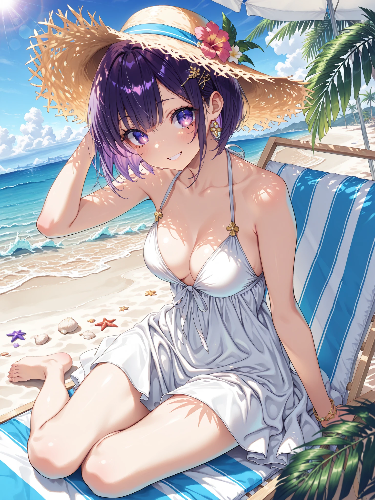 A beautiful girl in a purple bikini with a plate of fruit, anime girl, purple ruffled bikini, beach, sun, sand, sea, beautiful sky, chopped fruit, coconut tree, beach hat, sandals, crabs and dolphins, big round breasts, dark brown hair, long bangs, braided ponytail, long hair, wavy hair, shiny hair, hairclip, ribbon, sunglasses, anchor choker, aqua eyes, glowing eyes, earrings, blush, tongue, smiley, glossy lips, upper teeth, slim waist, beautiful legs, detailed body, full body, high detail, anime, anime style, depth of field, cinematic lighting, dithering, image fill, multiple views, from above, from below, from behind, from side, perspective, lens flare, Wide-Angle, f/1.8, 85mm, Sony FE GM, 8k, super detail, UHD, retina, masterpiece, accurate, anatomically correct, textured skin, high details, best quality, highres, 16k