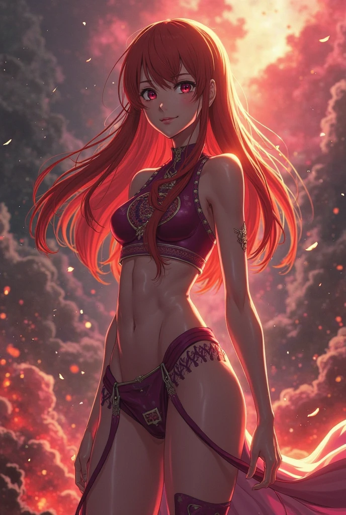 BREAK Perfect Anatomy、(High resolution:1.2)、Incredible illustrations、(Cute illustrations:1.2)、(nsfw) （Beautiful background(erupting volcano, flowing lava)) 1 girl(Red hair, long curly hair, red eyes,tattoos,sweat:2.5 ,tan skin:1.5)(cloth bikini)(glare, hostility)