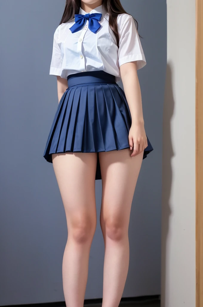 ((masterpiece)),(((最high quality))),High school girls,((((((Photograph the whole body from knee height:1.9)))))),((((((Stand up straight with your legs together:1.9)))))),(((Thin thighs:1.2))),(((Long legs:1.5))),(((Girl standing in a school classroom:1.7))),(((Micro mini skirt student uniform:1.6))),((tall:1.8)),(((Japanese high school girls in summer uniforms:1.8))),((Slim Model body type:1.5)),((Thin legs:1.6)),((Wearing a white short-sleeved student uniform shirt:1.3)),（(((Navy blue checked  with micro skirt:1.5)))),(age: 18:1.3),bangs,A small smile,((cute girl)),Slender girl,((Black Loafers:1.3)),((((Short white socks that reach to the ankles:1.3)))),cute,((The thigh area below the groin is slim and firm)),cute,(Black hair ponytail),(Thin legs),(Slim Model body type),Very small waist,(Small hips),Long thighs,Thin thighs,Thin hands,Long hands,((((Photograph the whole body from below:1.5)))),(((((k-popのIVEのWONYOUNGにそっくりの女の子:1.9))))),(((((Keep your whole body straight back:1.8))))),((((Only face forward:1.8))))((((Stick your butt out a little:1.6)))),((((((White panties visible from under a miniskirt:1.9)))))),(((Clearly detailed groin area:1.4))),(((Reproduce the buttocks in clear detail:1.4))),(((The panties fit her body perfectly, so the contours of her body are clearly reproduced in minute detail.:1.4))),((tall:1.4)),(Stand with your legs straight and without bending your knees:1.7),((Please stand up straight. I can see:1.9)),((Turning your hips back:1.7)),The ankles are super thin,beauty,Fine skin,Firm Skin,Realistically reproduced skin detail of thin legs,Very detailed, Attention to detail,high quality,Awards,High resolution,(Anatomically correct:1.3),(8k,RAW Photos,最high quality,masterpiece:1.5),(((女の子をPhotograph the whole body from below:1.5))),Height 173cm,((Stand up straight with your legs together:1.8)),((Stand up straight with your legs together:1.7)),(((Keep your back straight:1.8))),((look forward to:1.2)),9 head beauty,Model body type,((Inseam is half the height:1.5)),(Thin thighs),((k-popのIVEのWONYOUNGにそっくりの女の子:1.5)),RAW Photos,Firm Skin,Fine skin,Well-toned muscular legs,Attention to detail,vivid,Skin Texture,Genuine skin feel,Perfect composition,beautiful,Very detailed,High chroma,Genuine,eyeliner,eye shadow,High nose,Small nostrils,Small Mouth,Seductive lips,cute,((((In the classroom, you can see desks and a blackboard.:1.7)))),(((Revealing school uniform:1.3)))