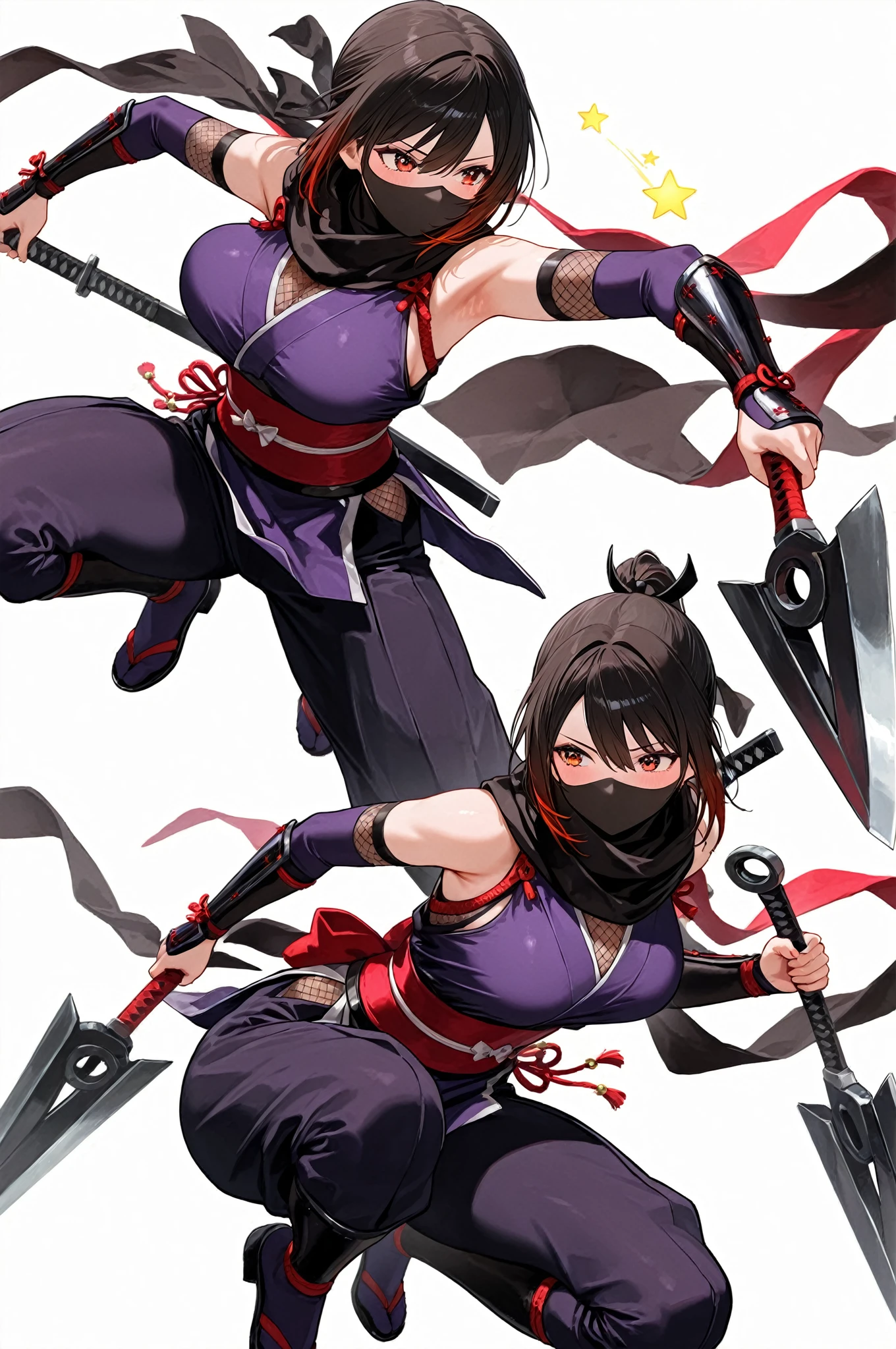 In the woods、Ninja、Female ninja、Girl、Girl、Short、Younger、Lower school girls、The mouth is not hidden、Panties、Both eyes open、Thighs、Half naked、Nipples、flat chest、Sengoku period、Dynamic Angle、Aggressive Pose、knife、Shuriken、Ninja、darkness、assassination、attack、agile、Ninjutsu、Displeased、Killing each other、Have a weapon、There are enemies、Fighting、Blood splatter、Jumping、Aerial、Speed、Sprint
