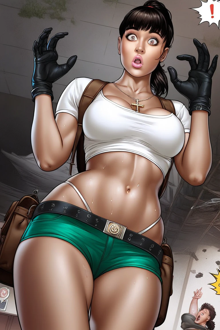 cluseller, best quality, illustration, digital art, detailed character, freckles , solo, upper body, grin, big eyes, Dark Green eyes, ( big red lips eyeshadow makeup long eyelashes long nose freckles ) (green sidecut and blunt bangs:1.3), Teal hair, large breasts, aran sweater, incredibly absurdres wide hips and big chest spelling out of her top, 4k wallpaper, jungle, beautifully detailed background, amazing background , best quality breast, super detailed eyes and long eyelashes. (futanari:1.1), (testicles:1.1), (:1.4), (full-package_futanari). she have a male genitalia. thick thighs , zfuta futanari dripping ooze (out) leaking leakage seep (out) , (big erection dripping)