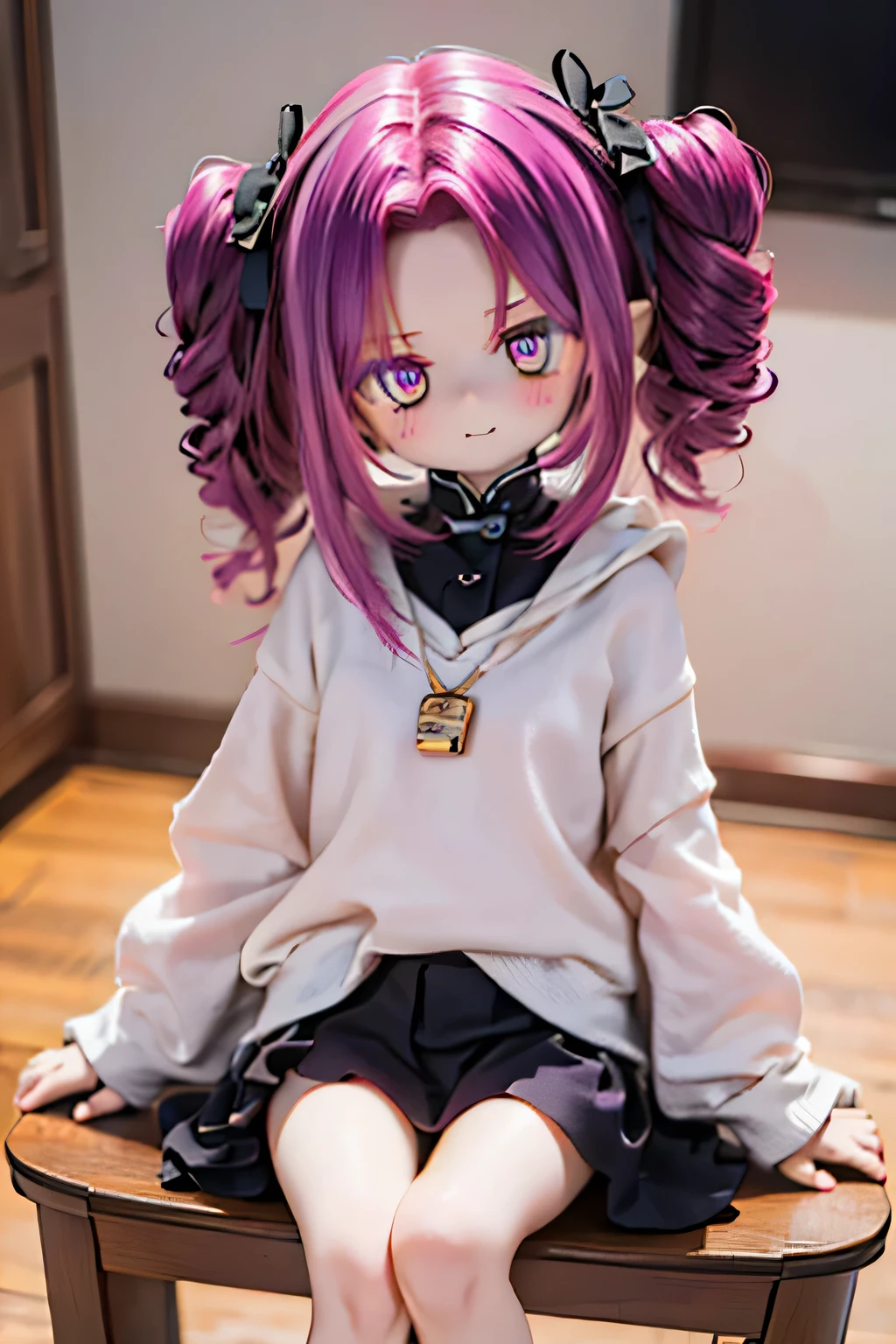 Shikoku Metan　dark reddish purple hair　 Hair lift　(((Parting hair in the middle)))　sitting on a table chair and drinking tea　Shikoku Metan's hairstyle　stick out your forehead