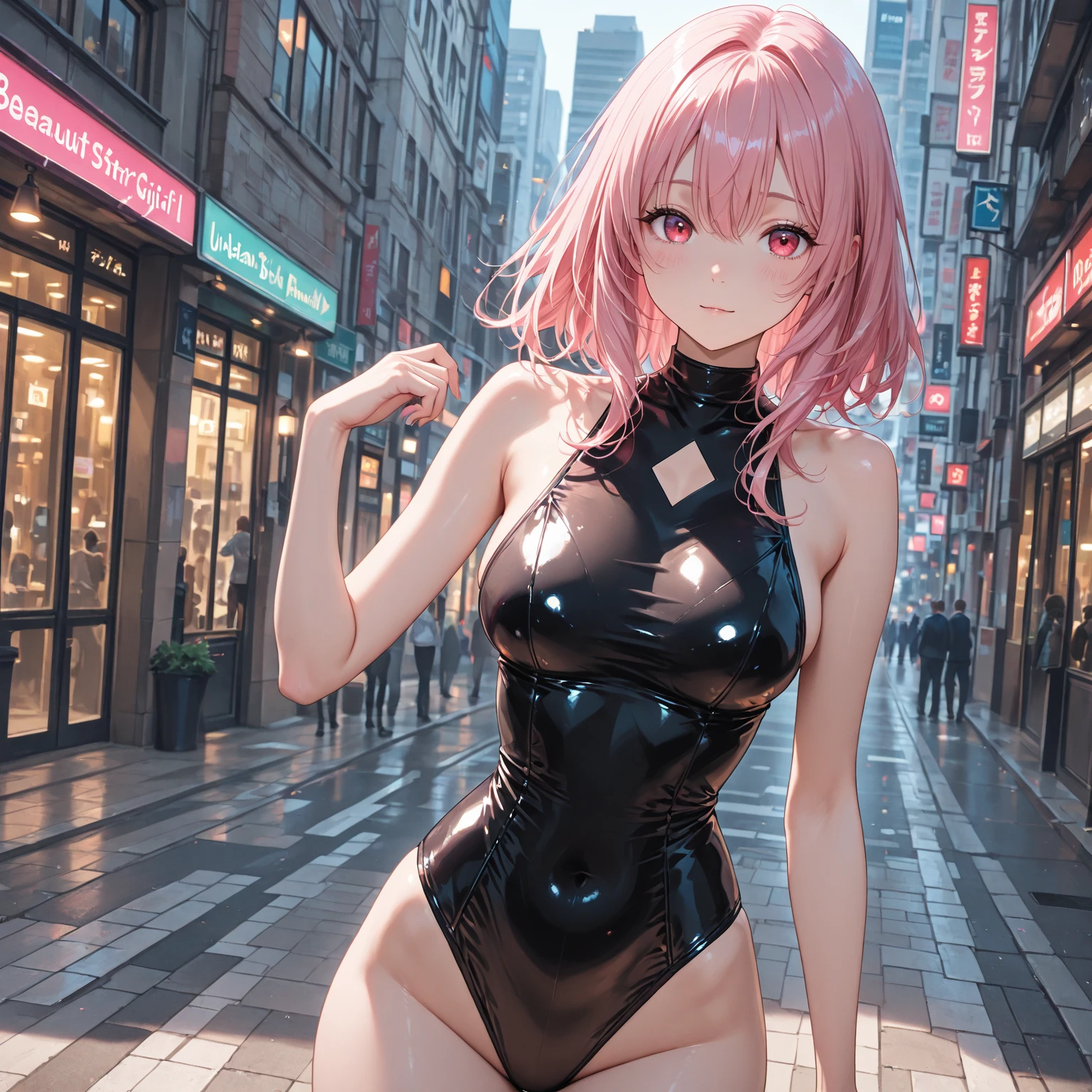 (Masterpiece, BestQuality:1.3), (ultra detailed:1.2), (hyperrealistic:1.3), (RAW photo:1.2), High detail RAW color photo, professional photograph, (Photorealistic:1.4), (realistic:1.4), (Pink Hair:1.5), professional lighting, perfect anatomy, (Big Breasts:1.2), (blush, detailed face), (A happy smile:1.7), Trending Hair&Trending Hairカラーをランダムに, earrings, necklace, bracelet, sexly, erotic sexly, Random sexy gravure poses, (Sexy woman in a black leather miniskirt and boots、Night city background、Cool look、short hair、Leaning against the wall pose。:1.3)