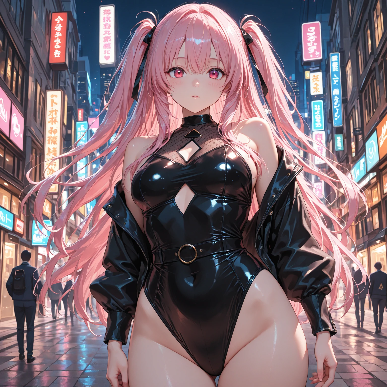 masterpiece, best quality, one girl, blue eyes, wearing wet ripped dress, big breasts , long pink hairs, at the night street