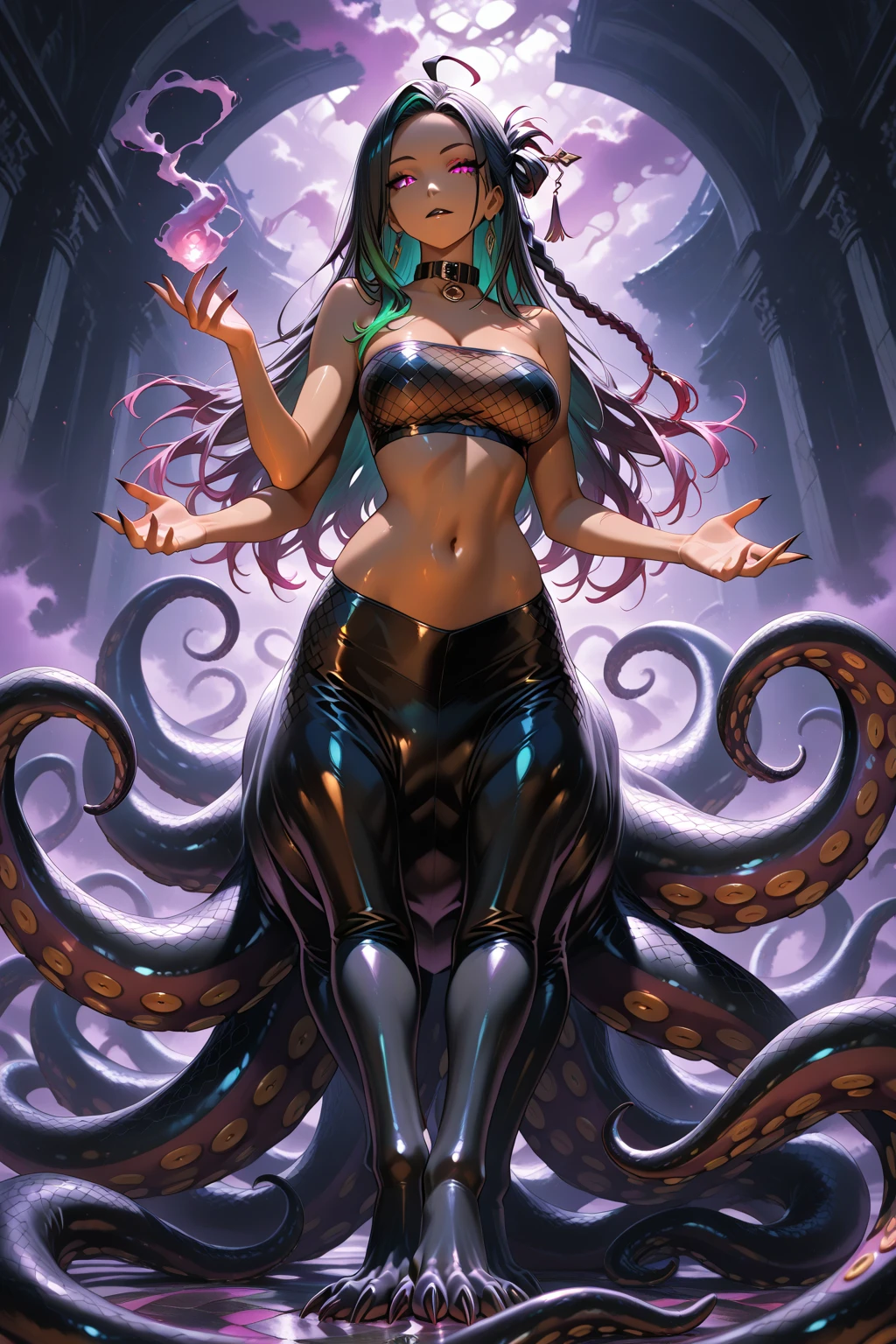 nsfw, masterpiece, best quality, full body view:1.5, ultra-detail, high resolution, hdr, vivid color, computer enhanced, dark colors, (stunning female, big breasts, thick thighs, smug seductive smile, sexual provocative, ultra-detailed eyes, beautiful eyes, perfect face, skindentation, wearing (living tentacles:1.4 dress) and dancing:1 with tentacles),
BREAK;
(giger,beksinski,cosmic horror, cthulhu mythos, cthulhu),((third eye)),
BREAK;
1950s \(style\), world, dance hall background,