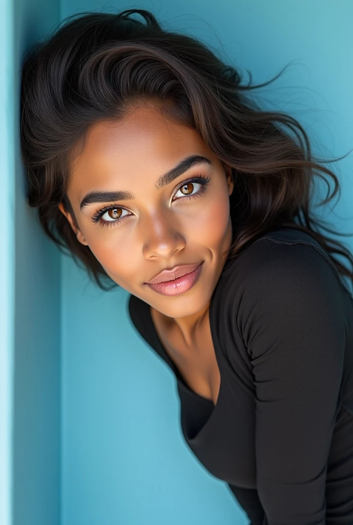 portrait of DEN_monique_noelle in front of a plain black back ground, wearing a plain black top,
gentle smile,
photorealistic, high detail, detailed, realistic, intricate,