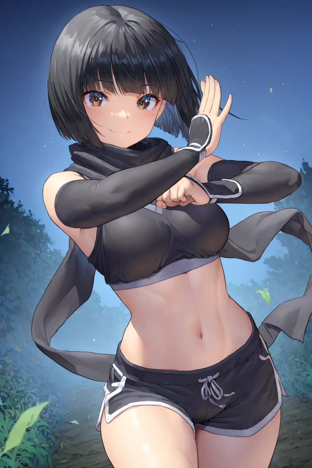 ((masterpiece, Best Quality)), Insaneres, absurdities, Alone, looking at the viewer,
black hair with white streaks_Bad launch_propiowaifu,
1 girl, short hair, black hair and white locks, straight hair, hair band, brown eyes, medium breasts, red hair band, eyelashes, hits,
Green shirt, yellow shorts, crop top, diaphragm, Gloves without fingers, neckline, bare shoulders, belly button, Short shorts, clavicle, sleeveless, belt, brown gloves, thigh strap, bare legs,
outdoor, Lens flare, depth of field, bokeh, vanishing Point,
(from above, Session)