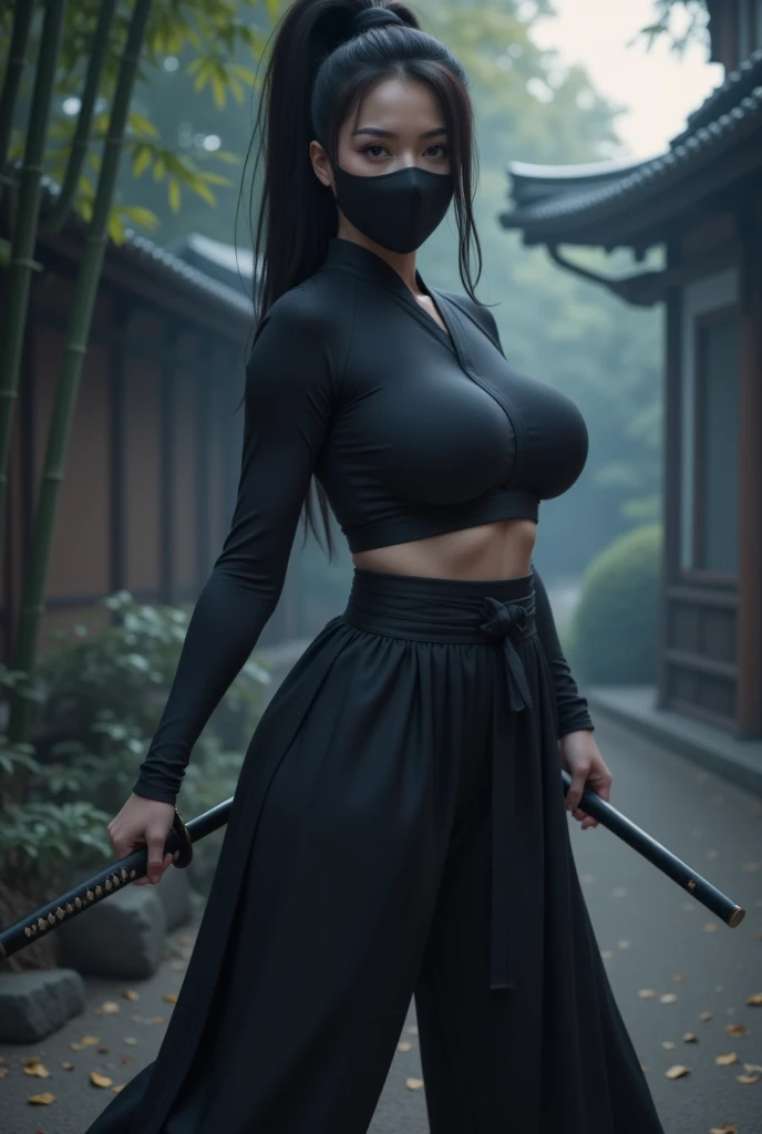 masterpiece, top quality, best quality, official art, beautiful and aesthetic:1.2), (1girl:1.3), dark brown hair in a topknot, extremely detailed, portrait, looking at viewer, solo, (full body:0.6), detailed background, close up, (warm summer nighttime Feudal Japan theme:1.1), ninja, charlatan, mysterious, sneaking in a garden, black mask, black head covering, revealing ninja attire, black ninja tunic, assassin, black wrappings, katana, kusari-gama, metal, black leather, breeches, leggings, loose pants, bracers, armor, gauntlets, ninja shoes, buckles, straps, ((((gigantic breasts, cleavage, skindentation)))), slim waist, slim hips, long legs, moonlight, Feudal Japan (Japanese garden exterior:1.1) background, dark mysterious lighting, shadows, magical atmosphere, dutch angle,
